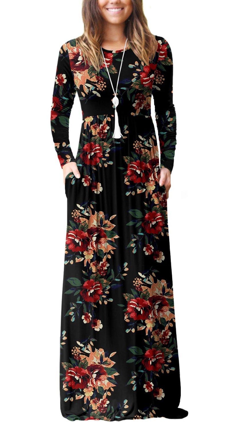 GRECERELLE Women Long Sleeve Casual Round Neck Loose Floral Maxi Long Dress with Pockets, Brown Black, M - Image 1